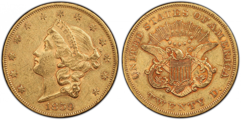 1859 Liberty Head Double Eagle. AU-55 (PCGS).
This 1859 double eagle offers sup...