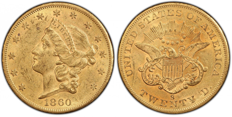 1860-S Liberty Head Double Eagle. AU-58 (PCGS). CAC.
Richly colored surfaces ar...