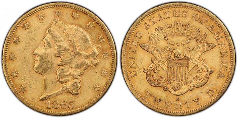 1865-S Liberty Head Double Eagle. AU-55 (PCGS).
Richly original honey-orange an...