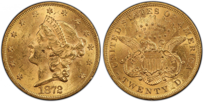 1872 Liberty Head Double Eagle. MS-62 (PCGS).
This is an exceptionally attracti...