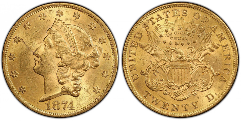 1874 Liberty Head Double Eagle. MS-61 (PCGS). CAC.
This lovely MS-61 example ex...