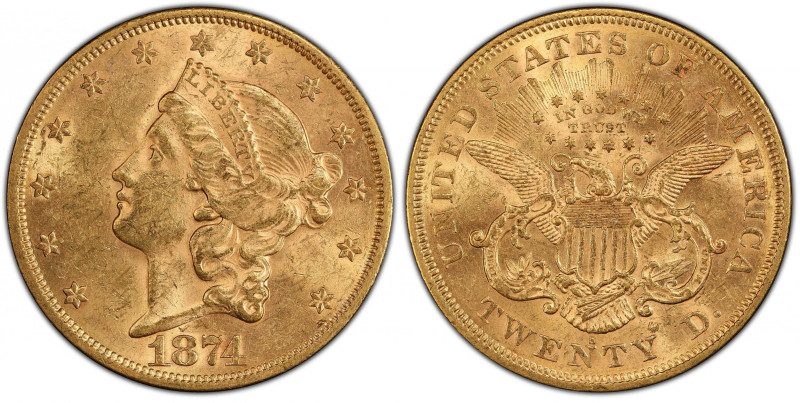 1874-S Liberty Head Double Eagle. MS-61 (PCGS). CAC.
Awash in original golden-w...