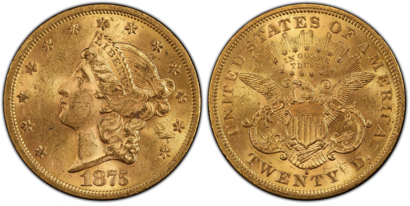 1875-S Liberty Head Double Eagle. MS-62 (PCGS).
Nicely struck with bountiful mi...