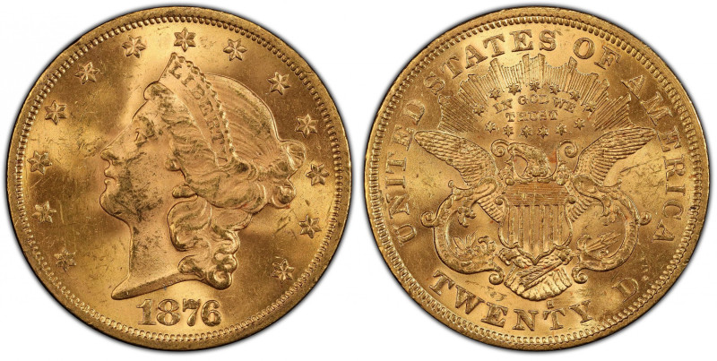 1876-S Liberty Head Double Eagle. MS-63+ (PCGS).
Lively mint frost swirls aroun...