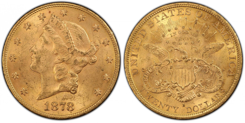 1878-S Liberty Head Double Eagle. MS-62+ (PCGS). CAC.
A highly lustrous, frosty...