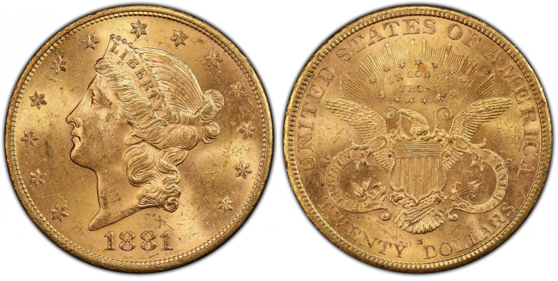 1881-S Liberty Head Double Eagle. MS-62 (PCGS).
A superior example with strong ...