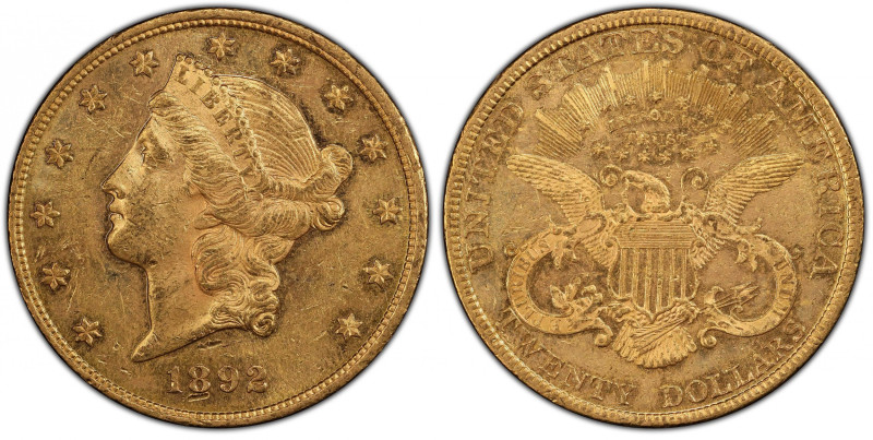 1892 Liberty Head Double Eagle. AU-58 (PCGS).
Remarkably attractive surfaces de...