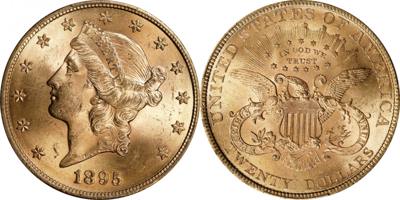 1895 Liberty Head Double Eagle. MS-64 (PCGS).
Lustrous satin to softly frosted ...