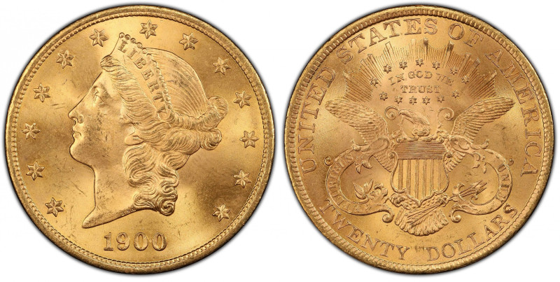 1900 Liberty Head Double Eagle. MS-65 (PCGS).
Delightful Gem surfaces are sharp...