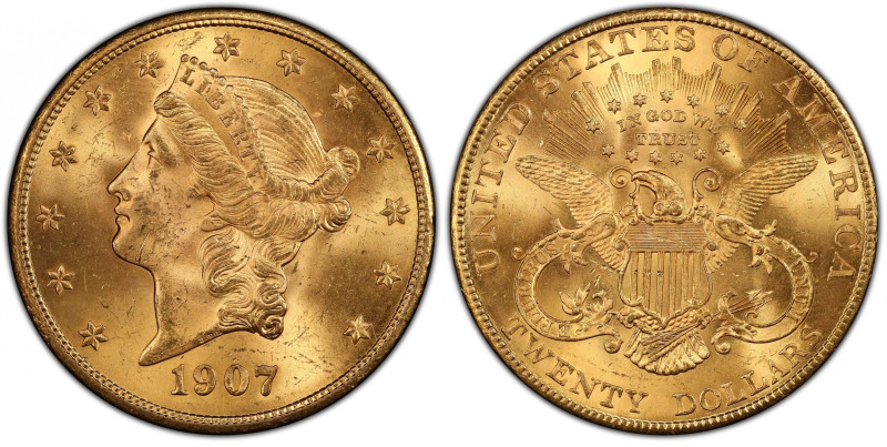 1907 Liberty Head Double Eagle. MS-64 (PCGS).
Vivid golden-apricot color blends...