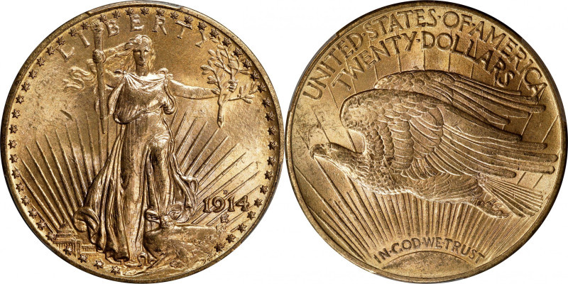 1914-D Saint-Gaudens Double Eagle. MS-65+ (PCGS). CAC.
A vivid and lustrous Gem...