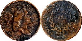 1794 Liberty Cap Half Cent. C-9. Rarity-2. High-Relief Head. VG-8 (PCGS). OGH Rattler.
With marbled steel-brown and golden-copper patina to surfaces ...