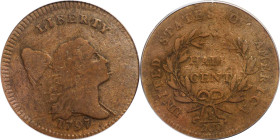 1797 Liberty Cap Half Cent. C-3a. Rarity-3. Low Head, Plain Edge. Fine-12 (PCGS).
Light autumn-brown patina with subtle marbling of golden-tan. Perip...