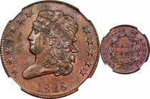 1828 Classic Head Half Cent. C-2. Rarity-2. 12 Stars. MS-64 BN (NGC).
One of the best known varieties of the denomination, here offered in lovely con...