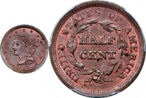 1851 Braided Hair Half Cent. C-1, the only known dies. Rarity-1. MS-64 RB (PCGS).
With ample rose-orange mint color to hard, satin to softly frosted ...