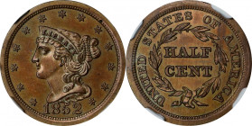 1852 Braided Hair Half Cent. Second Restrike. B-3. Rarity-7. Small Berries, Reverse of 1840. Proof-64+ BN (NGC). CAC.
Iridescent golden-tan surfaces ...