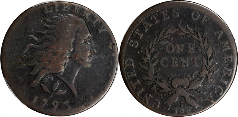 1793 Flowing Hair Cent. Wreath Reverse. S-5. Rarity-4. Vine and Bars Edge. VG-8 ...