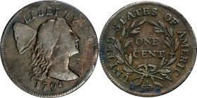 1796 Liberty Cap Cent. S-89. Rarity-3. Fine, Environmental Damage.
Well defined overall, the reverse is quite sharp, while the obverse is sufficientl...