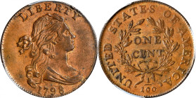 1798 Draped Bust Cent. S-170. Rarity-3. Style II Hair. AU-58 (PCGS).
Really a lovely example, we note dominant patina in autumn-brown to hard, satiny...