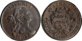 1803 Draped Bust Cent. S-250. Rarity-3. Small Date, Small Fraction. AU-53 (PCGS).
A well struck example, we note otherwise sharp central definition t...