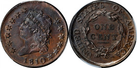 1810 Classic Head Cent. S-284. Rarity-3. AU-58 (PCGS).
An attractive and significant example of the scarcest die pairing of the 1810-dated large cent...
