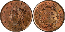 1818 Matron Head Cent. N-10. Rarity-1. MS-64 RB (PCGS). OGH Rattler.
An unusually vivid example of this famous Randall Hoard variety, we note plenty ...