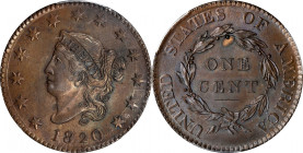 1820 Matron Head Cent. N-13. Rarity-1. Large Date. MS-65 BN (PCGS).
Satiny and smooth surfaces with blended golden-brown and antique copper patina. A...