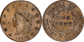 1825 Matron Head Cent. N-3. Rarity-3. MS-62 BN (PCGS).
Satiny light golden-brown surfaces are free of troublesome marks, leaving it to scattered carb...