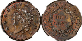 1828 Matron Head Cent. N-10. Rarity-1. Small Wide Date. MS-64 BN (NGC).
Conditionally rare for this otherwise readily obtainable die pairing of the 1...