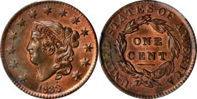 1833 Matron Head Cent. N-5. Rarity-1. MS-64 RB (PCGS).
Pleasing mint orange color with blushes of steel-brown patina confirming the RB designation fr...