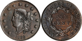1833 Matron Head Cent. N-5. Rarity-1. MS-62 BN (PCGS).
A satiny, generally dark steel-brown cent with some faded down mint rose color around the obve...