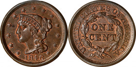 1846 Braided Hair Cent. N-18. Rarity-1. Small Date. MS-64 BN (PCGS). CAC.
This frosty, otherwise medium olive-brown example retains appreciable faded...