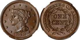 1848 Braided Hair Cent. N-14. Rarity-4-. MS-65 BN (NGC). CAC.
Satiny and tight antique copper-brown surfaces with plenty of good gloss. Sharply defin...