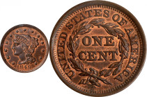 1849 Braided Hair Cent. N-12. Rarity-2. MS-64 RB (PCGS). CAC.
Warm steel-brown patina with abundant mint orange color remaining in the fields and wit...