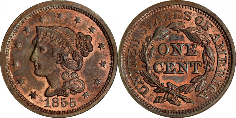 1855 Braided Hair Cent. N-4. Rarity-1. Upright 5s. MS-64 RB (PCGS). CAC. OGH.
A...