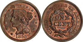 1855 Braided Hair Cent. N-4. Rarity-1. Upright 5s. MS-64 RB (PCGS). CAC. OGH.
A lovely Choice Uncirculated example of this popular variety, a mainsta...