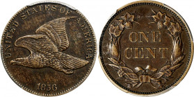 1856 Flying Eagle Cent. Snow-9. Proof. AU Details--Environmental Damage (PCGS).
Deep toning in tobacco-brown and olive-copper explains the PCGS quali...