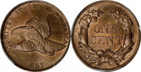1857 Flying Eagle Cent. Type of 1857. MS-64 (PCGS). CAC.
Lovely tan-apricot surfaces with full mint luster and a razor sharp to full strike. Choice M...