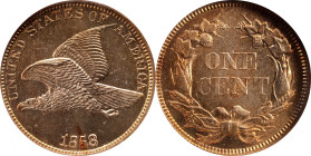 1858 Flying Eagle Cent. Large Letters, High Leaves (Style of 1857), Type I. MS-65 (NGC).
Glorious satin to semi-reflective surfaces are enhanced by v...