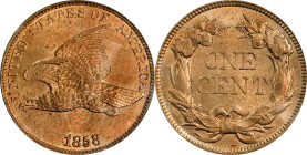 1858 Flying Eagle Cent. Large Letters, High Leaves (Style of 1857), Type I. MS-64 (PCGS). CAC. OGH Rattler.
A thoroughly PQ example with a full endow...