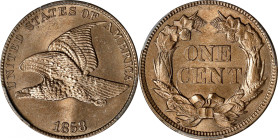 1858 Flying Eagle Cent. Large Letters, High Leaves (Style of 1857), Type I. MS-64 (PCGS). CAC.
An ideal type candidate from the brief Flying Eagle ce...