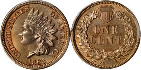 1863 Indian Cent. MS-66+ (PCGS).
The fields of this incredible premium Gem are lightly prooflike and contrast the satiny texture of the devices. Tone...