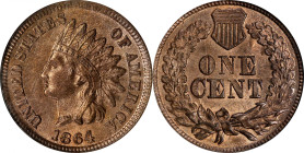 1864 Indian Cent. Bronze. L on Ribbon. MS-66 RB (NGC).
An intriguing piece, warm medium tan color blankets both sides and, at quick glance, gives the...