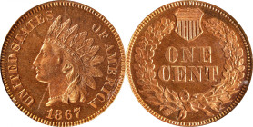 1867 Indian Cent. Proof-64 RD (PCGS).
From an estimated mintage of 625 coins (per Rick Snow, 2014) comes this bold and vivid rose-orange specimen. Fu...