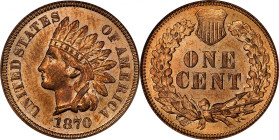 1870 Indian Cent. Bold N. MS-64 RD (NGC). CAC.
An uncommonly vivid circulation strike cent of this date, both sides retain lovely mint color in warm ...