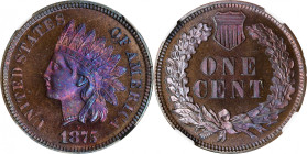 1875 Indian Cent. Proof-66 BN (NGC).
Beautiful premium Gem surfaces reveal vivid lilac-pink undertones to antique copper iridescence as the coins rot...