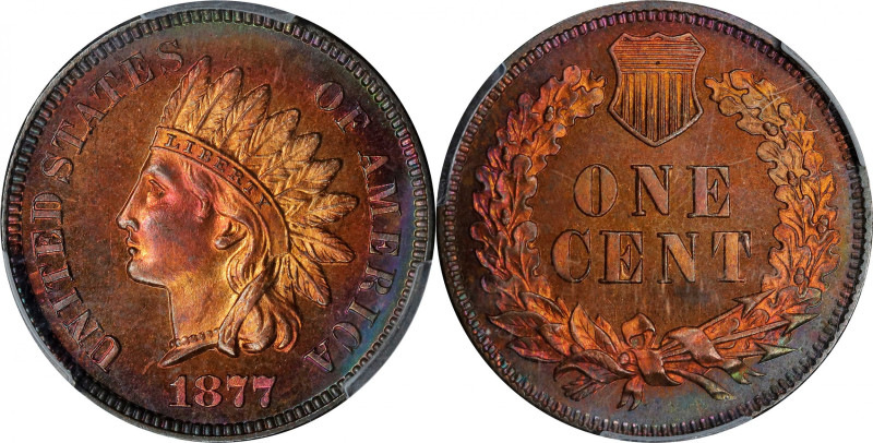 1877 Indian Cent. Proof-65+ RB (PCGS). CAC.
Vivid rose-orange color blankets th...