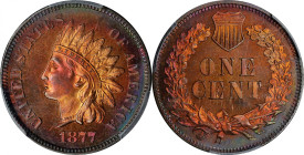 1877 Indian Cent. Proof-65+ RB (PCGS). CAC.
Vivid rose-orange color blankets the centers, the peripheries with crescents of lovely salmon-pink and bl...