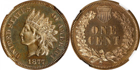1877 Indian Cent. Proof-65+ BN (NGC).
Warm golden-olive color contrasts somewhat with bolder rose-orange patina on the reverse. Both sides are fully ...
