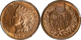 1887 Indian Cent. MS-66 RB (PCGS). CAC.
Vivid deep orange color is seen on both sides of this outstanding upper end Gem, the surfaces of which are mi...